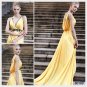 Elysemod A-line V-Neck Asymetrical Sleeveless Satin Beading Daffodil Evening Dress/Dresses 80189