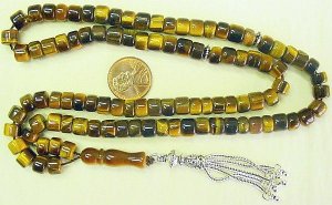 ISLAMIC PRAYER BEADS 99 BARREL CUT TIGER EYE & STERLING