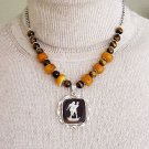 BUTTERSCOTCH AMBER,TIGER EYE & STERLING CAMEO NECKLACE
