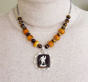 BUTTERSCOTCH AMBER,TIGER EYE & STERLING CAMEO NECKLACE