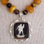 BUTTERSCOTCH AMBER,TIGER EYE & STERLING CAMEO NECKLACE