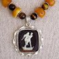 BUTTERSCOTCH AMBER,TIGER EYE & STERLING CAMEO NECKLACE