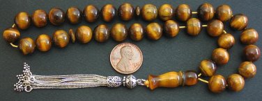 PRAYER BEADS TESBIH KOMBOLOI TIGER EYE & STERLING 10MM BEADS PERFECT COMPLETE