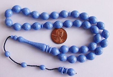 PRAYER BEADS KOMBOLOI TESBIH ISLAM MARBLED BLUE GALALITH -RARE- COLLECTOR'S