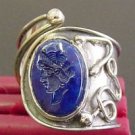 UNUSUAL STERLING RING WITH LAPIS INTAGLIO - UNIQUE