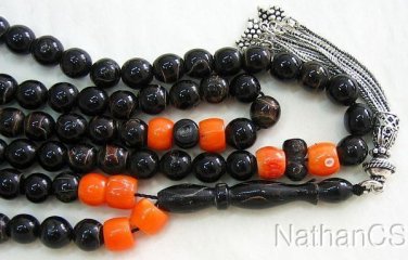 Tesbih Islamic prayer beads Vintage Yusr, Coral & Sterling Silver - Collector's