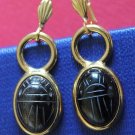 1950 Period Vintage ONYX Intaglio Scarab Gold Earrings UNUSUAL