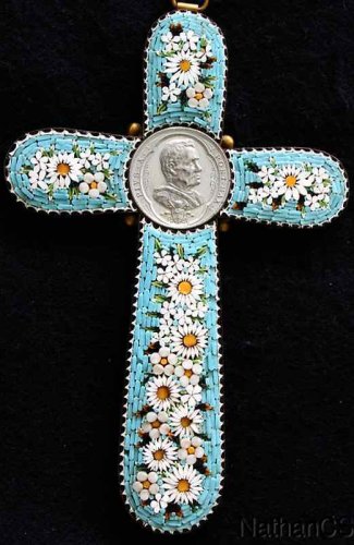 Antique Papal micro mosaic cross - crucifix PIUS X, Exceptional and very Rare