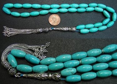 PRAYER BEADS TESBIH LONG OVAL TURQUOISE & STERLING SILVER