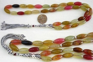 PRAYER BEADS TESBIH OVAL RAINBOW JADE & STERLING SILVER