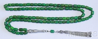 Islamic Prayer Beads 99 Barrel Green Turquoise & Sterling - Rare Cut Collector's