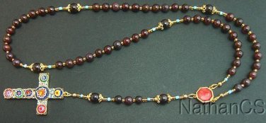 CATHOLIC ROSARY GARNET VERMEIL & MICRO MOSAIC CROSS 2 - UNIQUE ITEM