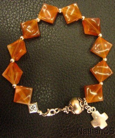 CATHOLIC ROSARY BRACELET VINTAGE COGNAC AMBER RESIN & STERLING SILVER