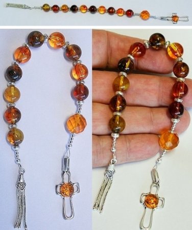 CATHOLIC OPEN ONE DECADE ROSARY CHAPLET COGNAC AMBER & STERLING SILVER