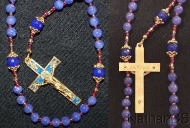 Catholic Rosary Genuine Round Clear Sapphires w Fatima Vintage Cross & Center