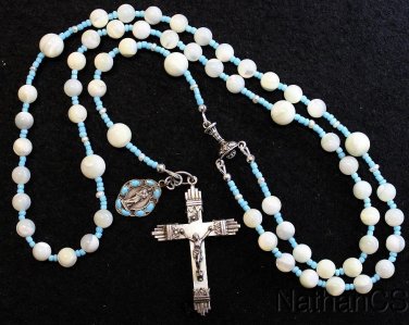 CATHOLIC ROSARY MOP & STERLING VINTAGE CROSS BLUE MEDAL ROSENKRANZ ANTIK KREUZ