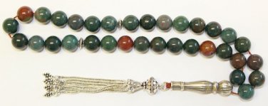 LUXURY PRAYER BEADS TESBIH  BLOODSTONE ( HELIOTROPE)  & STERLING - COLLECTOR'S