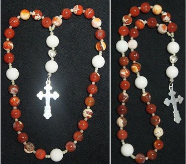 ANGLICAN EPISCOPAL ROSARY RED FIRE CRACKLED AGATE, WHITE JADE & STERLING SILVER