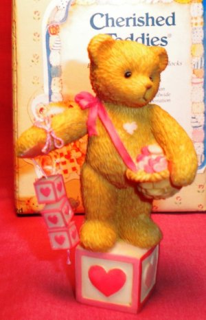 Cherished Teddies Bear Holding Blocks Mini Figurine 1996 203084 *