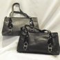 Black leather satchel handbag with patent leather