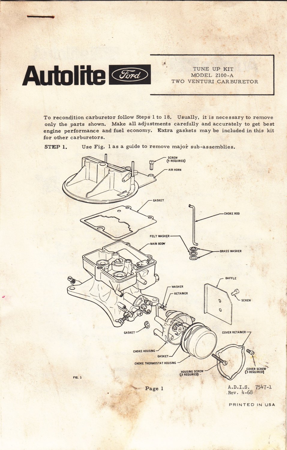 Autolite Ford Model 2100-A Two Venturi Carburetor Tune-up Instructions