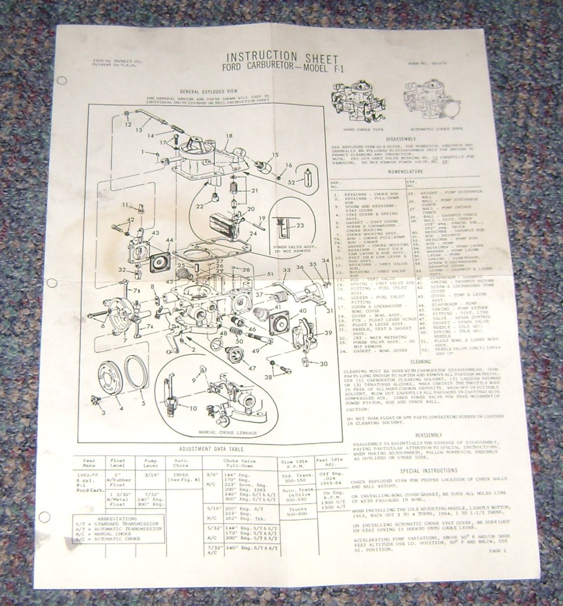 Instruction sheet Ford Carburetor model F-1