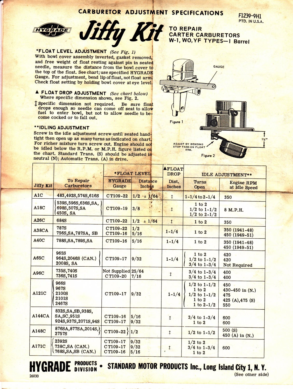 Repair specs carter carburetors W1 WO YF types1 barrel