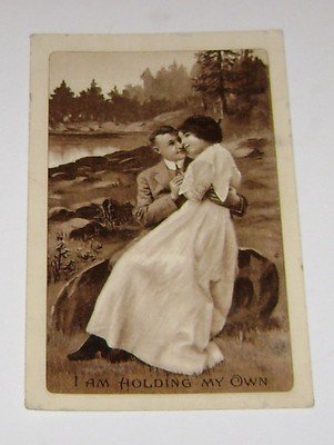 Vintage Postcard "I am Holding My Own"  Woman Sitting on Mans Lap