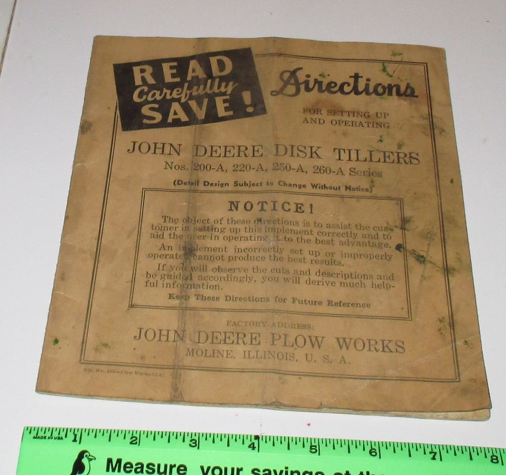 John Deere Disk Tillers Directions 200-A 220-A 250-A 260-A Series