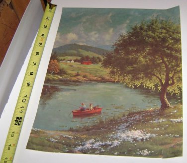 DAC N.Y. Litho Art Print Boy w/ Collie in Red Boat Fishing in Farm Pond