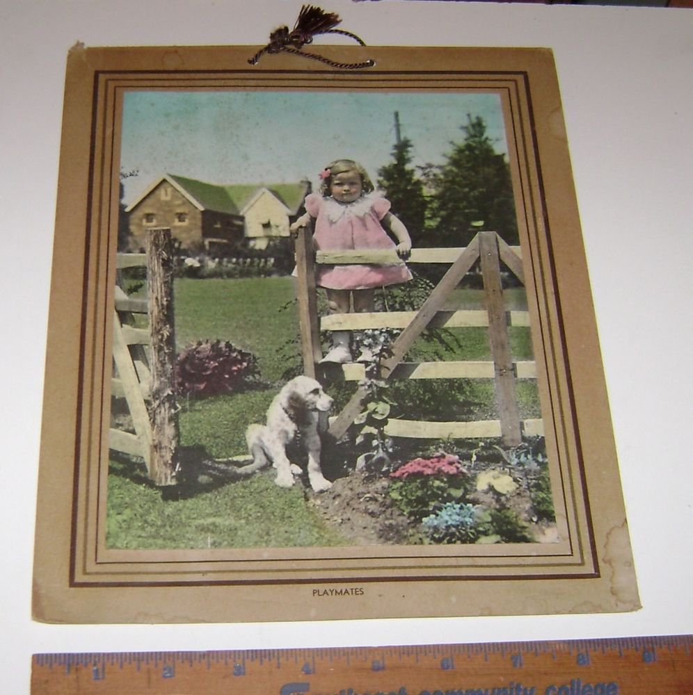 Vintage Art Print "Playmates" Little Girl & Dog by Wooden Fence
