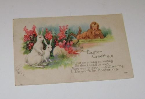 Vintage Postcard "Easter Greeting" Girl Laying On Grass w Two Bunnies Art