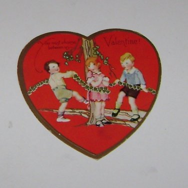 Vintage Valentine "Heart Shaped Two Boys Tying Little Girl to Tree