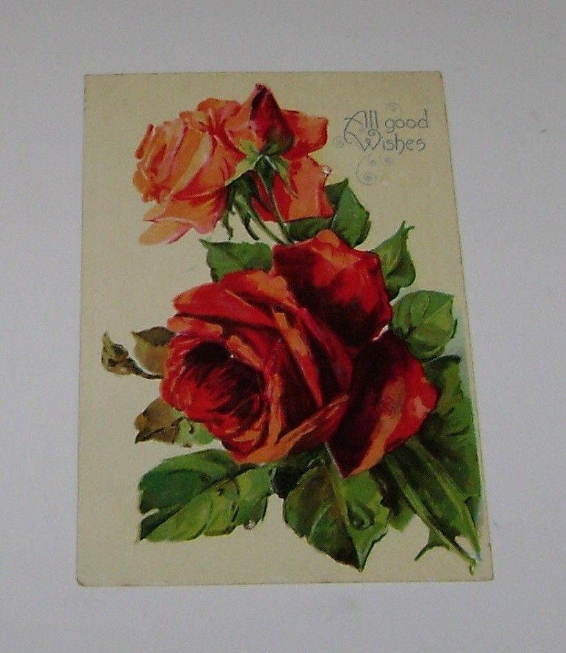 Vintage Postcard "All Good Wishes" Large Red Rose & Pink Rose