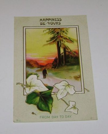 Vintage Postcard "Happiness Be Yours" Man W/ Cane Walking Into Sunset