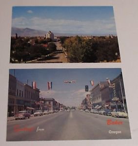(2) Postcard 1950's Baker Oregon Downtown and Birds Eye View