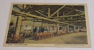 Vintage Postcard Lake Lodge Lobby Yellowstone Park Indoor Scene