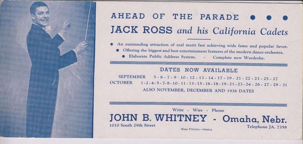 Vintage Jack Ross & His California Cadets Blotter Ad Playing in Omaha Ne
