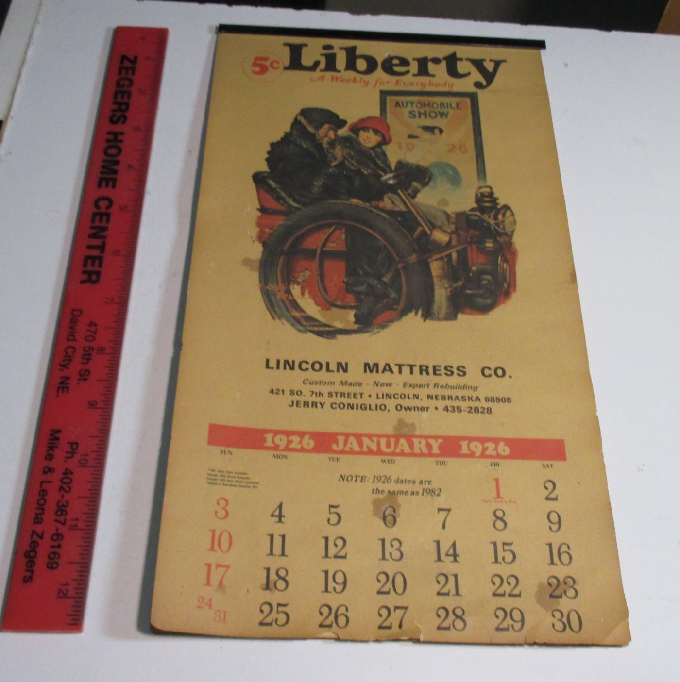 Liberty Weekly Calendar Lincoln Mattress Co Nebraska Jerry Coniglio 1926