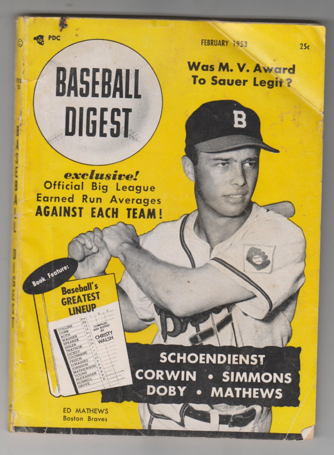 Baseball Digest February 1953 Hank Sauer Ed Mathews cover