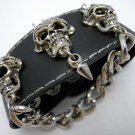 Men Skull Chain Gothic Black Leather Metal Bracelets Cuff