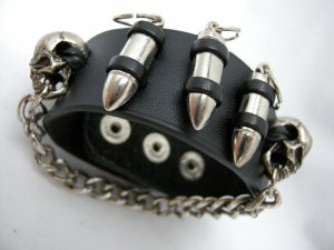 Men Chain Bullet Skull Gothic Black Leather Metal Bracelets Cuff