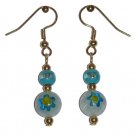 Patterned White w/Blue & Yellow Glass with Turquoise/Clear Top Bead Gold Earrings