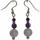 White Marbled Stone with med Clear Violet and small Violet top Silver Earrings