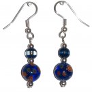 Patterned Dk Blue Glass w/Multi-color (Wt, Rd, Or, Gn) with Dk Blue/Clear Top Bead Silver Earrings