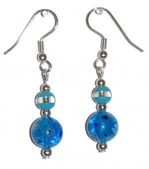 Patterned Blue/Yellow/White Flower Glass with Blue/Clear Glass Top Bead Silver Earrings