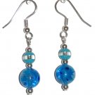 Patterned Blue/Clear Glass with Turquoise Colored/Clear Glass Top Bead Silver Earrings