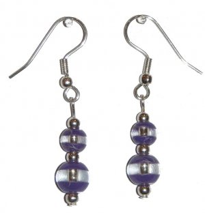 Patterned Violet & Clear Glass with Violet/Clear Top Bead Silver Earrings