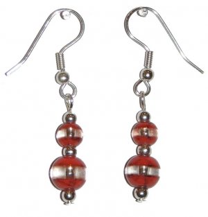 Patterned Red-Orange & Clear Glass with Red-Orange/Clear Top Bead Silver Earrings
