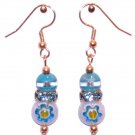 Lt Blue w/blue flower Glass with Turquoise/Clear Top Bead Lt Blue Crowned Gold Earrings